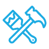 A blue icon featuring a hammer and a paintbrush crossed over each other. The hammer is on the right, and the paintbrush, which has paint on its bristles, is on the left. The design suggests themes of construction, renovation, or creativity—ideal for kitchen remodel contractors or home remodeling contractors.