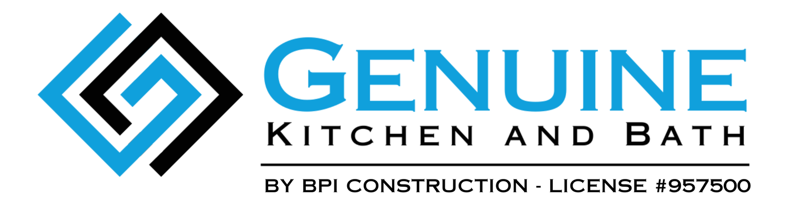 Logo for Genuine Kitchen and Bath featuring a geometric blue and black design on the left and bold blue text. Below, it says "KITCHEN AND BATH" and "BY BPI CONSTRUCTION - LICENSE #957500" in black letters.