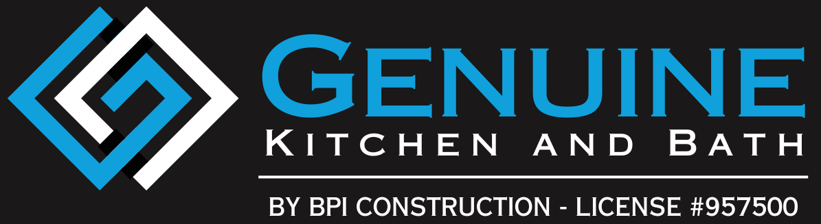 Logo for "Genuine Kitchen and Bath" by BPI Construction, license #957500, featuring a stylized blue and white "G" icon on a black background with blue and white text.