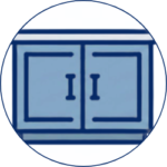 A simple illustration of a blue cabinet with two doors, outlined in dark blue, inside a circular border.
