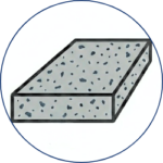 A rectangular block with a gray surface and scattered black spots, outlined with a thick black border, inside a blue circle.