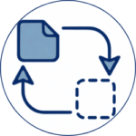 A blue icon showing a solid document with arrows pointing to and from a dashed square, symbolizing document transfer or workflow process.