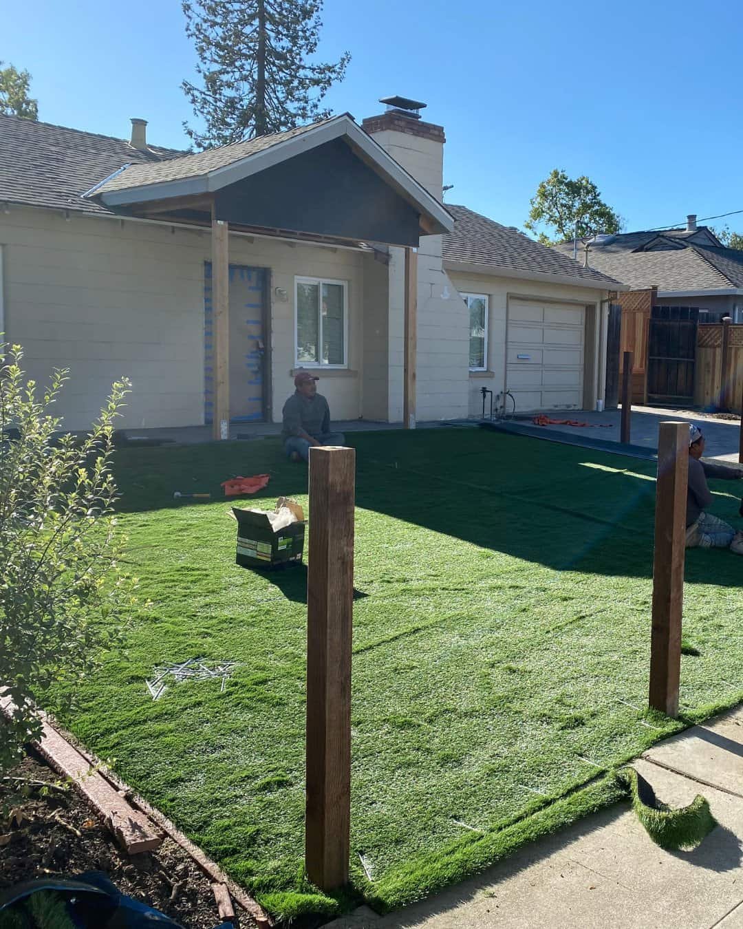 Artificial turf installation and exterior front porch remodeling for a residential project in San Carlos, CA.