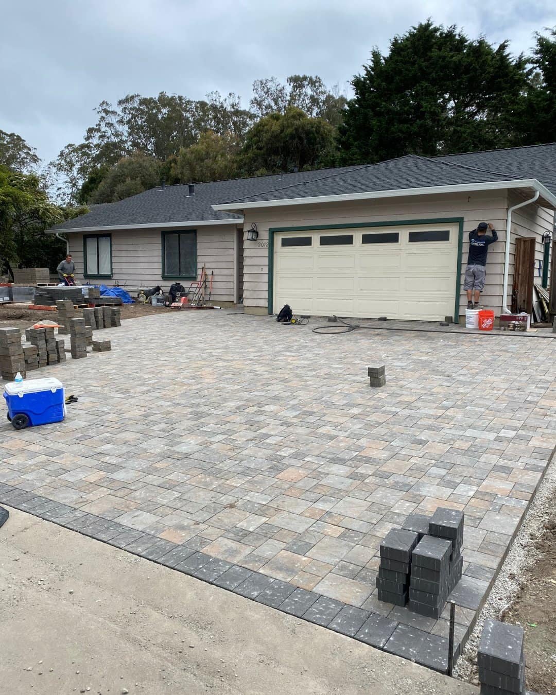 Interlocking paver driveway installation in progress for a residential project in San Carlos, CA.