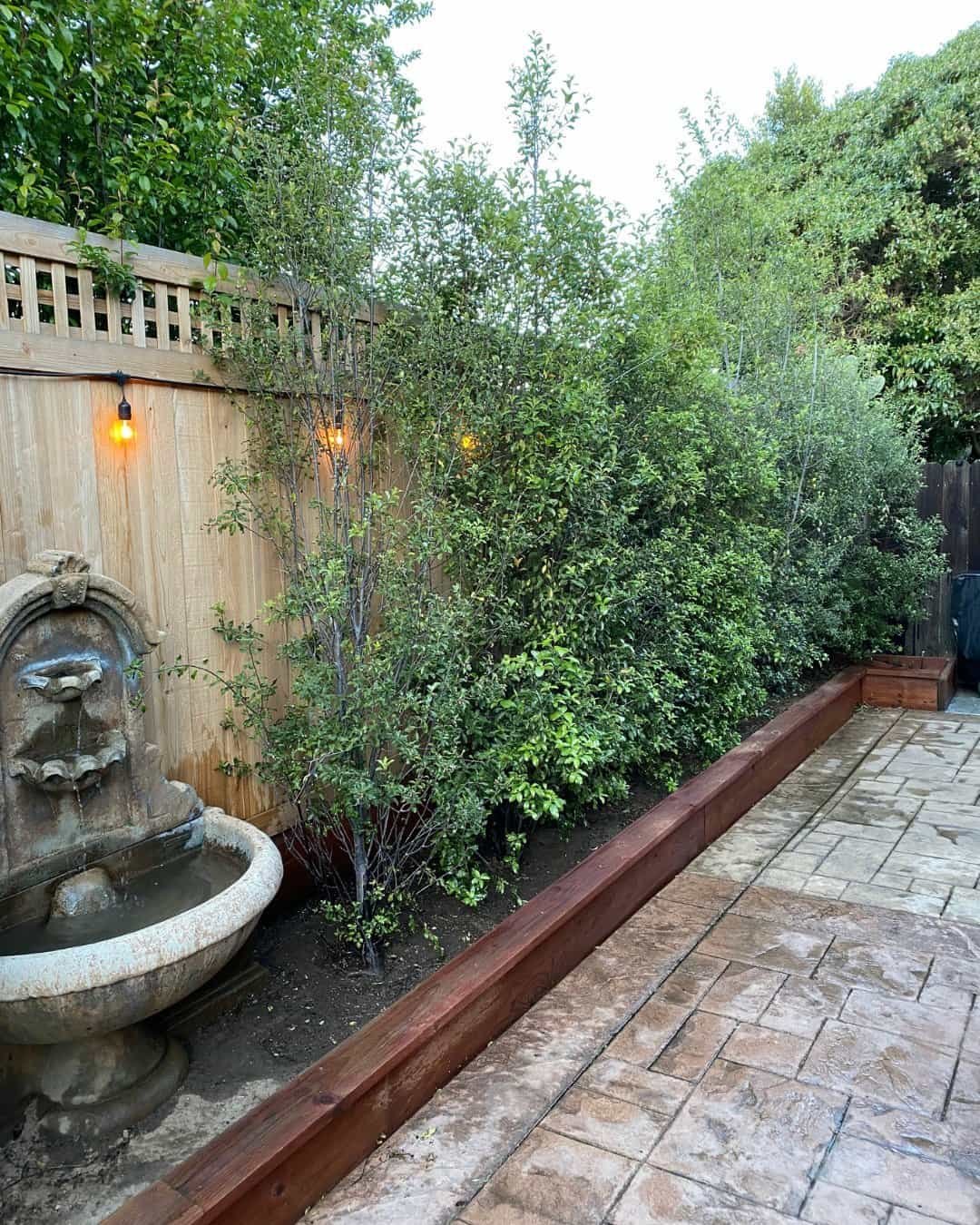 Backyard landscaping featuring a tiered stone fountain and stamped concrete patio for a home renovation in San Carlos, CA.