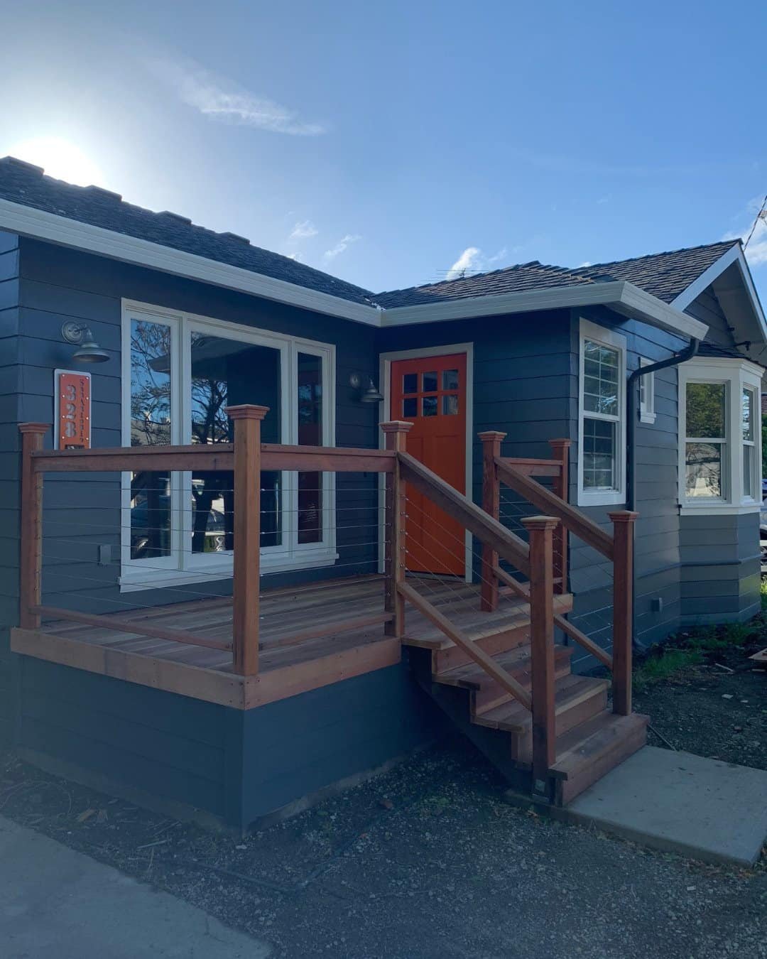 Completed custom wood front porch and deck installation for a residential exterior remodel in San Carlos, CA.