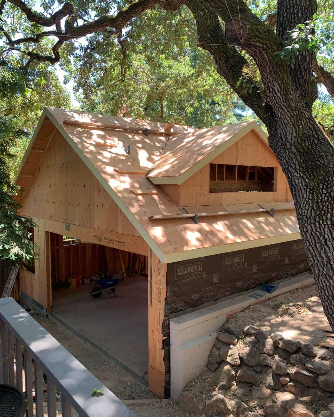 Wood framing and roof sheathing for a new detached garage construction project in San Carlos, CA.