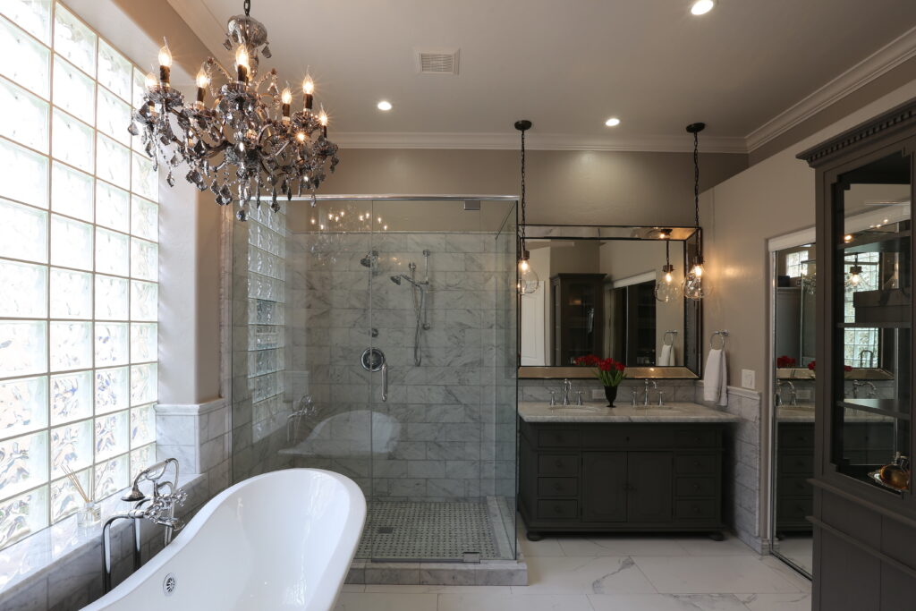 Bathroom remodel permit San Carlos CA — licensed contractor completing permitted bathroom renovation with custom tile and walk-in shower by Genuine Kitchen and Bath